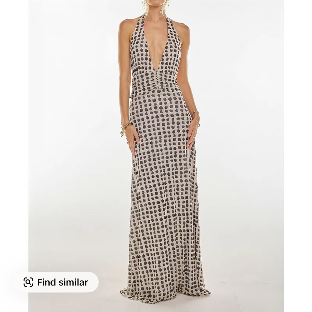 Deep V Halter Polka Dot Maxi Dress in Beige and Black